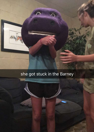 She got stuck in the Barney.